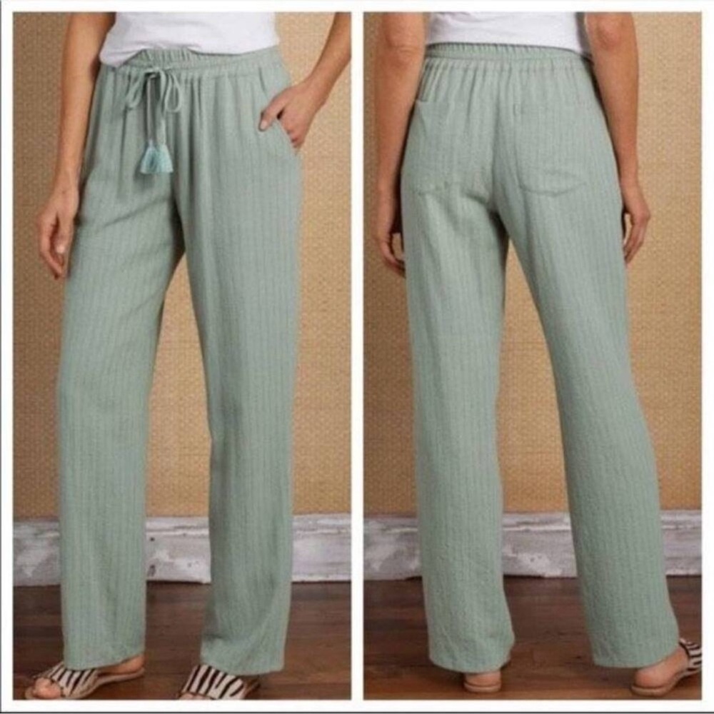 Soft Surroundings Green Metallic Striped Linen Blend Pants XS Pull On